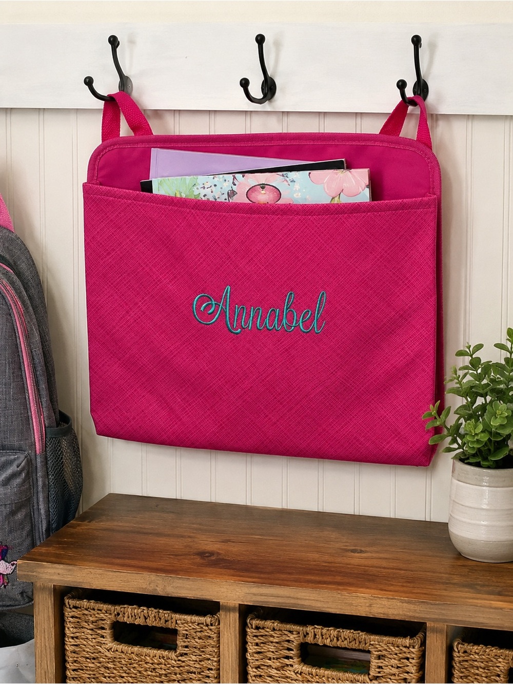 Thirty-One Oh Snap Fold N File Pocket Pink Cross Pop with “Annabel” Embroidered